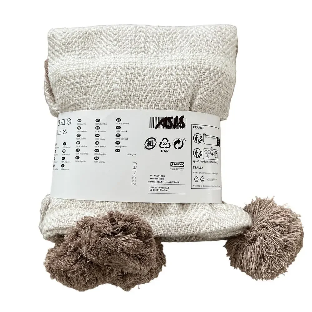 IKEA ANDMATMOTT Natural Herringbone Pillow Cover with Pompoms